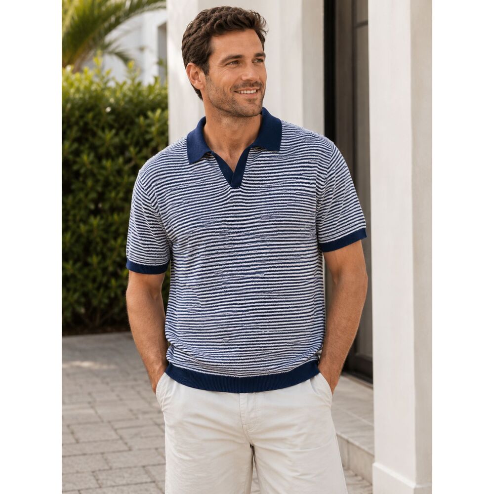 Weatherproof Vintage Men's Blue White Striped Knit Polo Shirt Size Large NWT